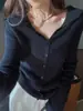 2025 Estilo Coreano Nuevo Cárdigan de Punto de Lana Pura para Mujer Solapa Rayas Delgado Color Puro Elegante Simple Chaqueta Abotonada