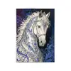Pintura de decoración de entrada de lujo estilo europeo de caballo blanco con textura de porcelana azul y blanca, arte de pared de caballo de pie para la sala de estar, versión vertical, mural grandioso