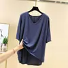 Camiseta de manga media para mujer, Primavera y Verano, Delgada de Algodón Modal, Top con cuello en V, Talla Grande, Holgada, Manga Media, Delantera Corta, Trasera Larga, Camiseta Básica