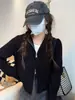Cardigan de Tricô Cinza com Capuz e Zíper Frontal Estilo Pure Desire para Mulheres, Suéter Curto de Outono, Jaqueta Suéter de Nicho