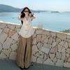 Ropa de Vacaciones Relajada de Old Qian Feng para Mujer Verano Top de Cuello Halter sin Espalda Pantalones de Pierna Ancha de Cintura Alta Traje de Dos Piezas