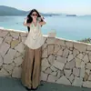 Top Casual Satinado de Cuello Halter con Cuello Oscilante Espalda Descubierta Pantalones Casuales de Cintura Alta Pierna Ancha Teñido Anudado Desgastado