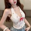 Estilo Campo Francés Estampado de Cerezas con Lazo Cuello en V Tirante al Cuello Puro Deseo Dulce Picante Sexy Espalda Descubierta Top para Mujer Verano
