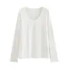 Entrega única estilo preguiçoso gola U blusa básica feminina design de camadas para primavera e outono antecipados top de manga longa com fenda camiseta branca