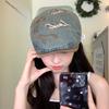 Boina de mezclilla lavada estilo vintage japonés con lazo para mujer, verano, combinable con todo, para cabeza grande, gorra de visera hacia adelante, que realza el rostro, sombrero pequeño de pintor