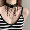 Collar decorativo de encaje negro para mujer, colgante con borlas y correa de cuello rosa, Gargantilla Diablo