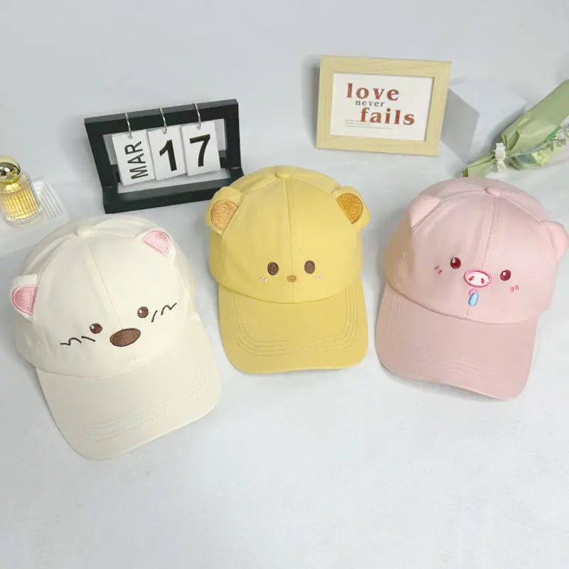 新款萌趣可爱美式小猪小熊小狗棒球帽立体刺绣遮阳帽女鸭舌帽批发