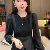 Blusas de Outono Novo Estilo Patchwork Emagrecedor Camisa Básica 2024 Camiseta de Manga Longa para Mulheres Moda Tendência Falso Duas Peças
