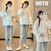 Roupa de maternidade para o outono, solta e simples, nova camisa babydoll de manga comprida, estilo coreano, versátil, casual, camisa de maternidade emagrecedora para mulheres