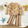 Conjunto de Suéter Infantil Outono Inverno Novo Conjunto de Tricô com Pelo e Strass Calça Menina Bebê Suéter Estiloso Conjunto de Duas Peças Calça Longa