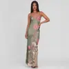Vestido de Outono Novo Europeu e Americano Transfronteiriço Feminino Amazon Color Block Decote V Sem Mangas Sexy Slim Costas Abertas com Alças
