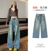 Jeans Wide Leg com Grafite Feminino Primavera 2025 Novo Retro Cintura Alta Design Afundado Senso de Design Calças Retas Largas