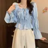 Camisa Francesa de Manga Abullonada, Diseño Nuevo, Estilo Nicho, Clavícula, Estilo Gentil, Entallada en la Cintura, Top Versátil con Volantes