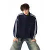 Moletom Cardigan Esportivo Color Block com Listras Americanas Masculino Outono Novo Solto Estilo College Marca Tendência Jaqueta com Gola Alta
