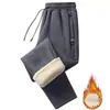 Calças casuais masculinas de outono e inverno com forro de fleece espesso, calças de lã de cordeiro, calças esportivas de corte largo, calças de algodão quentes de perna reta