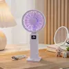 Ventilador de Mano de Verano Simple e Inteligente con Pantalla Digital, Velocidad Ajustable Continuamente, con Base de Soporte, Ventilador de Escritorio con Luz