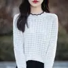 Top de punto fino de algodón puro con volantes, cuello redondo, manga larga, estilo nuevo de primavera, color sólido, bloques de color, hueco, versátil para mujer