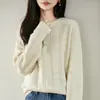Suéter tejido de algodón puro de cuello redondo estilo casual para mujer, nuevo suéter cálido jacquard engrosado de manga larga para otoño e invierno