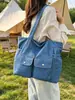 Bolsa de lona de mezclilla lavada casual estilo coreano, estilo artístico, adecuada para estudiantes universitarias, para el uso diario, ir de compras y viajes de compras.