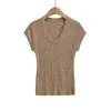 Verano 2026 Nuevo Estilo Americano Chica Picante Color Sólido Ajustado Corto Top de Punto Camiseta de Manga Corta Hueca con Cuello en U para Mujer