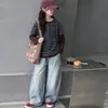 Conjunto informal de dos piezas a rayas para niñas, ligero, top de manga larga y jeans para otoño, versátil, corte holgado, moderno para niños mayores