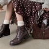Botas de Trabalho Confortáveis de Couro de Cabra de Primeira Camada Macio Inverno 2025 Salto Grosso Salto Médio Bico Redondo Couro Genuíno Cadarço Botas Curtas para Mulheres