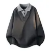 Suéter de punto de imitación de dos piezas para hombre con cuello en V, nuevo estilo de invierno transfronterizo 2026, top de punto casual holgado, moderno