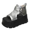 Sandalias Romanas Planas para Mujer 2025 Moda de Verano Plataforma Suela Gruesa Aumento de Altura Hueco Pedrería Peep Toe Sandalias Versátiles