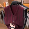 Chaleco de punto jacquard con cuello en V y bolsillo para hombre, chaqueta de punto, chaleco de negocios casual de alta gama para hombres de mediana edad y mayores