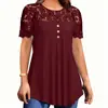 2025 Transfronterizo Amazon Temu Primavera y Verano Europeo y Americano Tiktok Nueva Ropa de Mujer Color Sólido Encaje Manga Corta Cuello Redondo Camiseta de Mujer