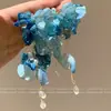 Esperando los Pendientes de Borla Florales Azul Hielo del Crepúsculo de Verano para Mujer, Pendientes Exagerados Estilo Resort Costero, Hermosos Pendientes