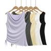 8077-25 Estilo Francés Ceñidor de Cintura Sin Mangas Cordón Cuello Oscilante Cintura Plisada Aspecto Adelgazante Camiseta Chaleco Sin Mangas para Mujer