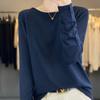 Camiseta de punto fina de lana para mujer, de manga larga, cuello de una línea, para primavera y otoño, informal, holgada, suéter interior