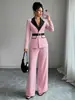 Conjunto de Terno Europeu e Americano de Comércio Exterior com Bloqueio de Cores Suaves e Acabamento Contrastante, Gola Lapela, Ajuste na Cintura, Emagrecimento, Cintura Alta, Calça Longa de Perna Reta e Larga