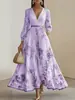 Primavera/Outono 2026 Novo Estilo Transfronteiriço Europeu e Americano Comércio Exterior Roupas Femininas Estampado Decote V Manga Longa Moda Vestido Plissado Saia Longa Feminina