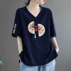 E-commerce Transfronteiriço Nova Camiseta de Manga Curta Estilo Chinês Feminina Solta Tamanho Plus Size Meninas Cheinhas Top para Cobrir a Barriga Escondendo Defeitos Emagrecedor Manga Meia Tendência