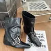 Botines de Piel de Vaca para Mujer 2026 con Acabado Desgastado, Nuevo Diseño de Hebilla con Punta Cuadrada, Botas de Media Caña que Aumentan la Altura para Mujer