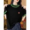 Camiseta Azul Marinho de Manga Curta com Ombro Normal para Mulheres, Algodão Puro de Verão, Design Único, Color-Blocking, Rejuvenescedora, Top Básico Tendência