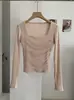 Camiseta feminina KEKEZOON estilo delicado, retalhos em malha, gola quadrada, plissada, manga longa, top outonal slim fit 9105