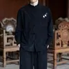 Nova camisa masculina estilo chinês com gola alta, fechamento por botões e bordado de flor de ameixa, jaqueta casual de veludo cotelê de manga comprida estilo chinês retrô para homens