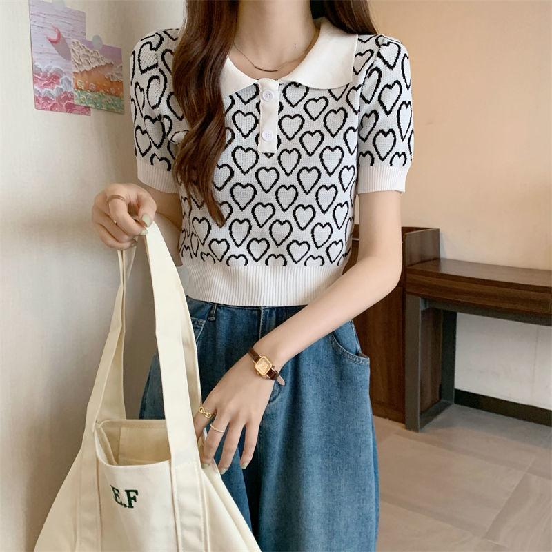 智贝详情图_2纯欲格子爱心短袖针织衫女夏季薄款polo领修身