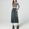 Saia Jeans Azul Nostálgica Elegante Versátil com Fenda nas Costas Estilo Evasê Cobrindo a Virilha 2025 Comprimento Médio Cintura Alta para Mulheres