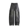 Jeans masculino moderno estilo americano, com múltiplos bolsos e pernas curvas, estilo retrô high-street, corte solto, versátil, casual, pernas largas, calça de trabalho