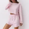 Trajes de Mujer Europeos y Americanos Nuevos de Primavera y Verano Transfronterizos, Estilo Moderno y Sencillo, Tops Holgados de Manga Larga tipo Pullover, Shorts con Abertura para Mujer