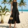 Vestido largo de verano para mujer, estilo europeo y americano transfronterizo, nuevo, de malla de seda, patchwork, sin mangas, cuello recto, ceñido a la cintura