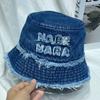 Sombrero de pescador con letras deshilachadas de mezclilla lavada retro japonesa para hombres y mujeres, aspecto pequeño, moda casual, sombrero de lavabo que combina con todo.