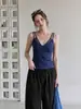 Elegante camisola de retazos azul marino con cuello en V para mujer, nuevo top sexy ajustado para el verano 2026