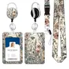 Conjunto de porta-cartão com cordão para celular e crachá de identificação, retrátil, fivela de puxar fácil, fita de cetim com estampa floral colorida