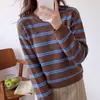 Suéter casual de punto a rayas para mujer, jersey de cuello redondo, camiseta básica adelgazante, top suave de alta gama estilo francés elegante