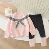 Conjunto de Duas Peças Jaqueta de Tricô para Meninas 2025 Outono e Inverno Novo Estilo Bebê Menina Laço Gola Redonda Suéter Leggings Conjunto
